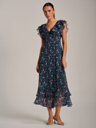 Ruffle V Neckline Chiffon Midaxi Dress, Teal Multi
