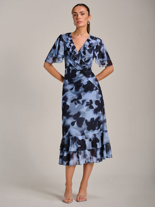 Ruffle Detail Ruched Mesh Midaxi Dress, Blue Abstract