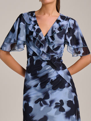 Ruffle Detail Ruched Mesh Midaxi Dress, Blue Abstract