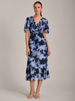 Ruffle Detail Ruched Mesh Midaxi Dress, Blue Abstract