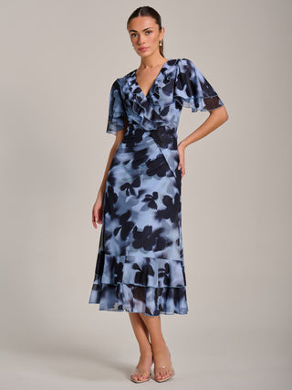 Ruffle Detail Ruched Mesh Midaxi Dress, Blue Abstract