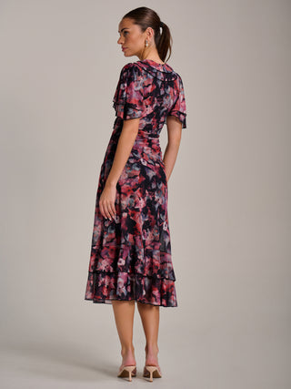 Ruffle Detail Ruched Mesh Midaxi Dress, Coral Multi