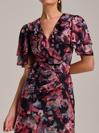 Ruffle Detail Ruched Mesh Midaxi Dress, Coral Multi