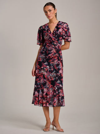 Ruffle Detail Ruched Mesh Midaxi Dress, Coral Multi