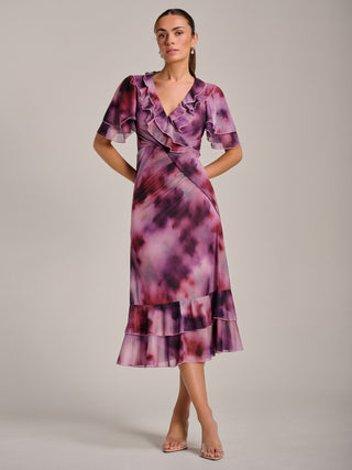 Ruffle Detail Ruched Mesh Midaxi Dress, Pink Abstract