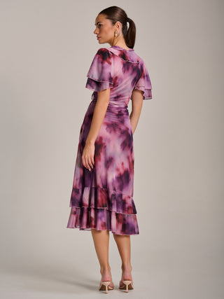 Ruffle Detail Ruched Mesh Midaxi Dress, Pink Abstract