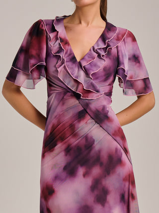 Ruffle Detail Ruched Mesh Midaxi Dress, Pink Abstract