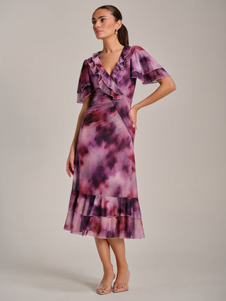 Ruffle Detail Ruched Mesh Midaxi Dress, Pink Abstract