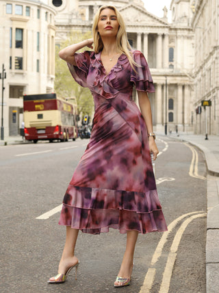 Ruffle Detail Ruched Mesh Midaxi Dress, Pink Abstract