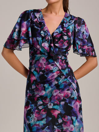 Ruffle Detail Ruched Mesh Midaxi Dress, Purple Multi