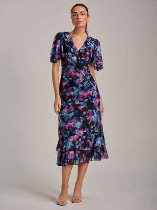 Ruffle Detail Ruched Mesh Midaxi Dress, Purple Multi