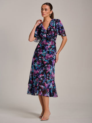 Ruffle Detail Ruched Mesh Midaxi Dress, Purple Multi