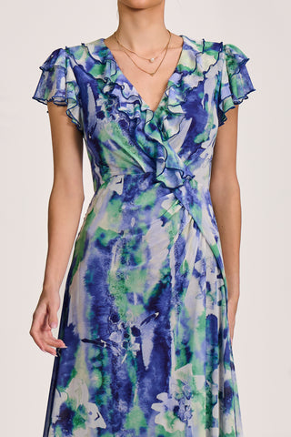 Ruffle V-Neck Mesh Maxi Dress, Blue Abstract