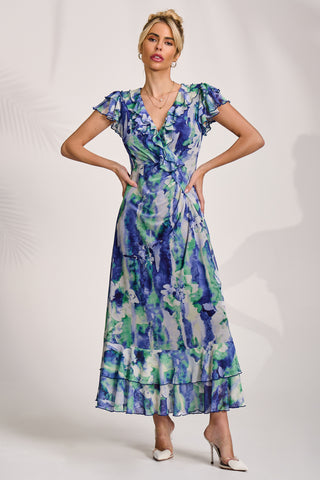 Ruffle V-Neck Mesh Maxi Dress, Blue Abstract