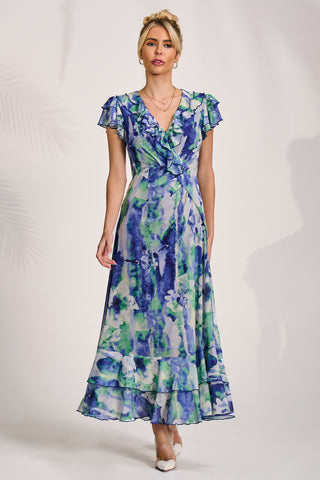 Ruffle V-Neck Mesh Maxi Dress, Blue Abstract