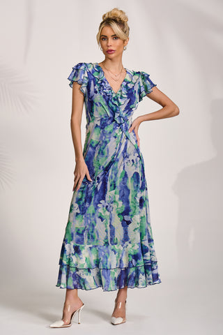 Ruffle V-Neck Mesh Maxi Dress, Blue Abstract
