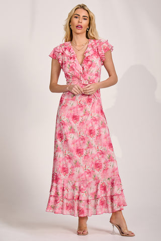 Ruffle V-Neck Mesh Maxi Dress, Pink Floral