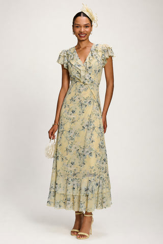 Ruffle V-Neck Mesh Maxi Dress, Yellow Floral