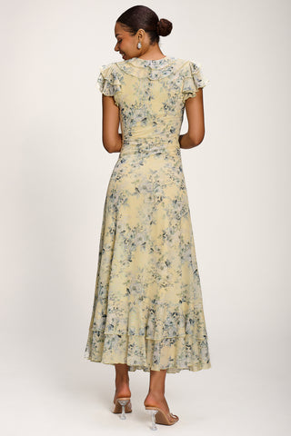 Ruffle V-Neck Mesh Maxi Dress, Yellow Floral