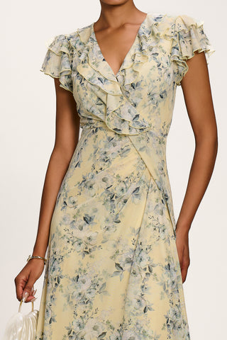 Ruffle V-Neck Mesh Maxi Dress, Yellow Floral