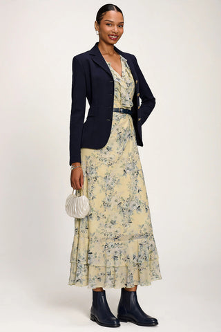 Ruffle V-Neck Mesh Maxi Dress, Yellow Floral