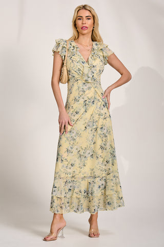 Ruffle V-Neck Mesh Maxi Dress, Yellow Floral
