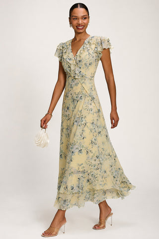 Ruffle V-Neck Mesh Maxi Dress, Yellow Floral