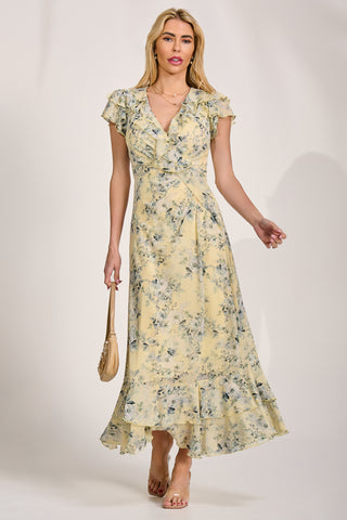 Ruffle V-Neck Mesh Maxi Dress, Yellow Floral