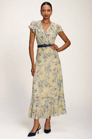 Ruffle V-Neck Mesh Maxi Dress, Yellow Floral