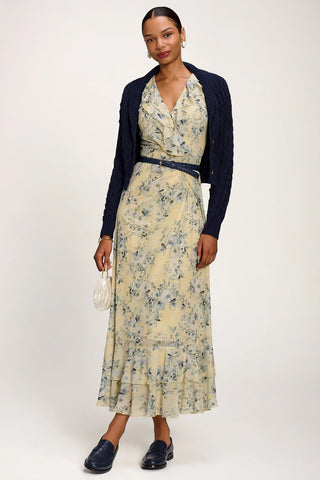 Ruffle V-Neck Mesh Maxi Dress, Yellow Floral
