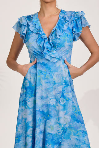 Ruffled Mesh Maxi Dress, Blue Floral