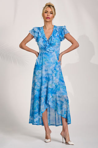 Ruffled Mesh Maxi Dress, Blue Floral