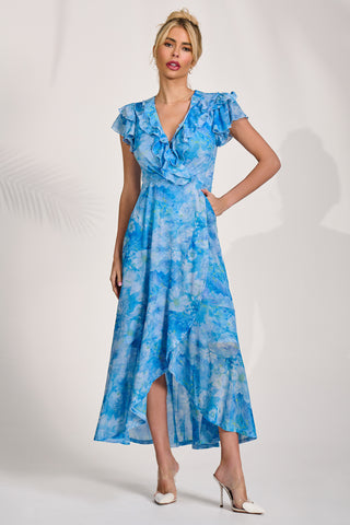 Ruffled Mesh Maxi Dress, Blue Floral