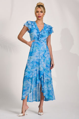 Ruffled Mesh Maxi Dress, Blue Floral