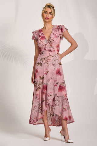 Ruffled Mesh Maxi Dress, Pink Floral