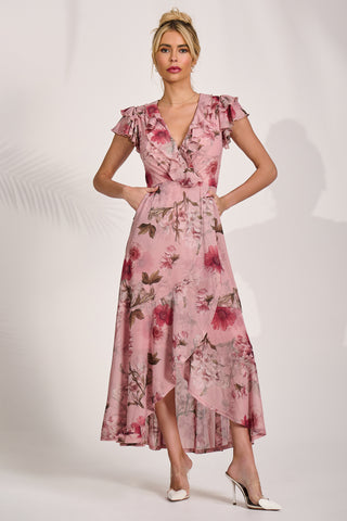 Ruffled Mesh Maxi Dress, Pink Floral