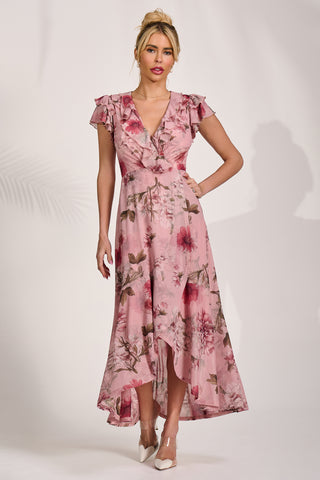 Ruffled Mesh Maxi Dress, Pink Floral