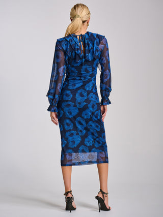 Long Sleeve Ruffle Detail Mesh Bodycon Dress, Blue Abstract