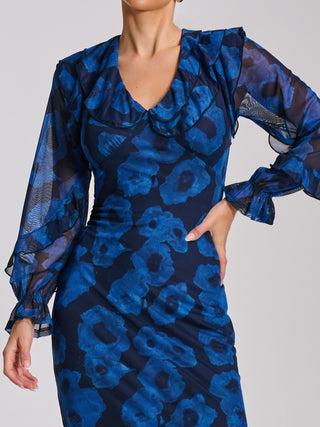 Long Sleeve Ruffle Detail Mesh Bodycon Dress, Blue Abstract