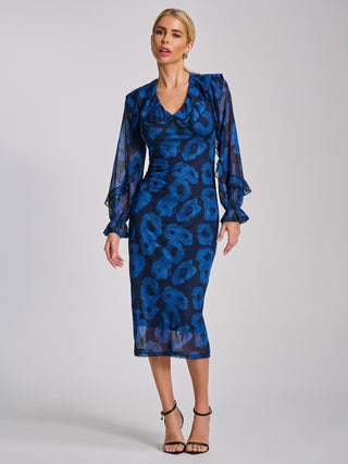 Long Sleeve Ruffle Detail Mesh Bodycon Dress, Blue Abstract