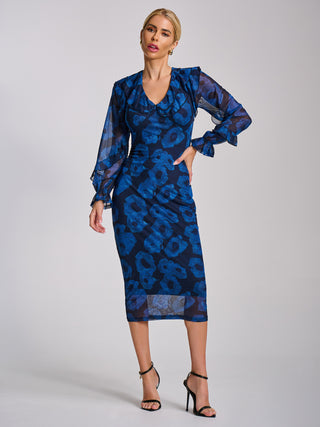 Long Sleeve Ruffle Detail Mesh Bodycon Dress, Blue Abstract