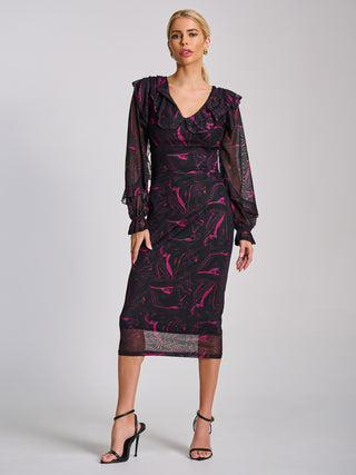 Long Sleeve Ruffle Detail Mesh Bodycon Dress, Fuchsia Abstract