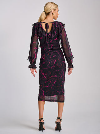 Long Sleeve Ruffle Detail Mesh Bodycon Dress, Fuchsia Abstract