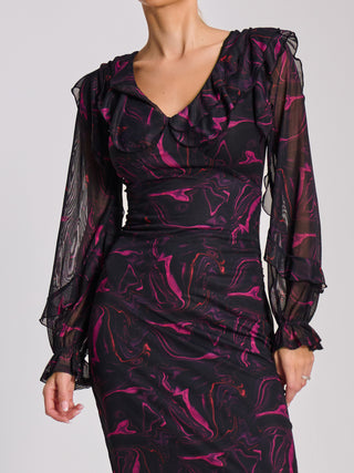 Long Sleeve Ruffle Detail Mesh Bodycon Dress, Fuchsia Abstract