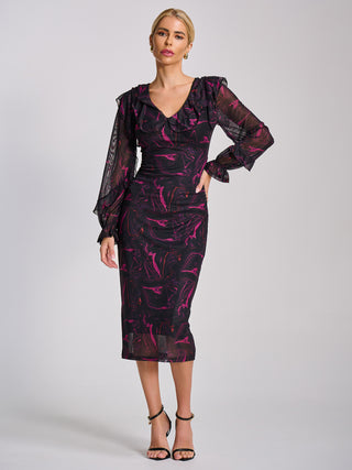 Long Sleeve Ruffle Detail Mesh Bodycon Dress, Fuchsia Abstract