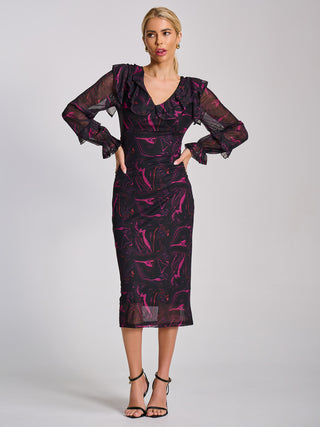 Long Sleeve Ruffle Detail Mesh Bodycon Dress, Fuchsia Abstract