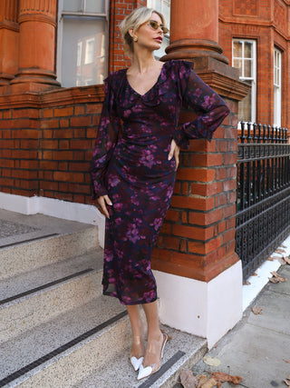 Long Sleeve Ruffle Detail Mesh Bodycon Dress, Pink Floral