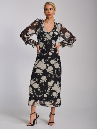 Ruffle V Neck Long Sleeve Mesh Midaxi Dress, Black Floral