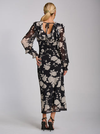 Ruffle V Neck Long Sleeve Mesh Midaxi Dress, Black Floral