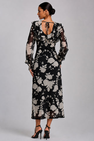 Ruffle V Neck Long Sleeve Mesh Midaxi Dress, Black Floral